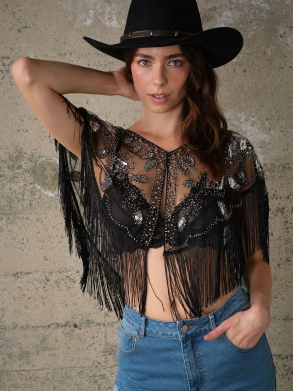 NEW WESTERN GLAMOUR SEQUIN BEADED FRINGE MESH CAPE SHRUG TOP